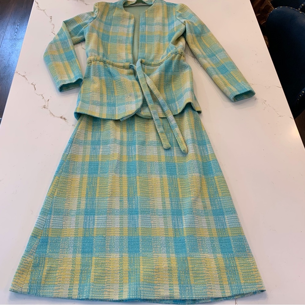 Aqua / Yellow Plaid Tweed Woman’s 2 Piece Skirt Set Vintage Size Medium NO Tags - Picture 3 of 16